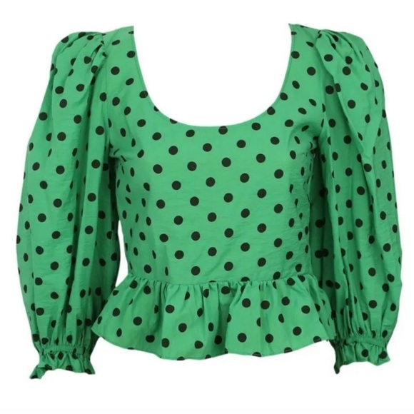 Zara green & black polka dot ballon sleeves ruffle trim blouse Sz L - Picture 4 of 5